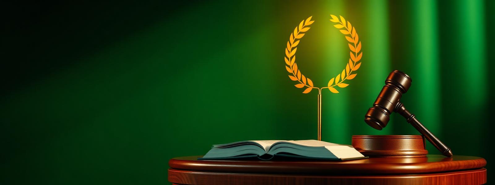 Trofeo dorado sobre pedestal de mármol con laurel, símbolo de premios y reconocimientos académicos