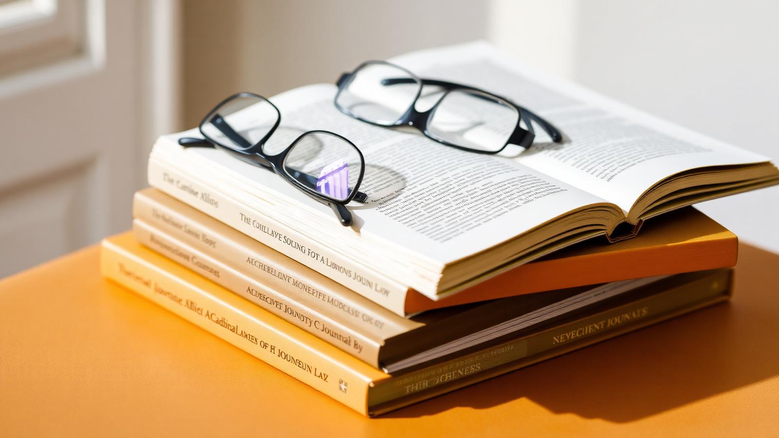 Pila de libros jurídicos y revistas académicas con gafas de lectura